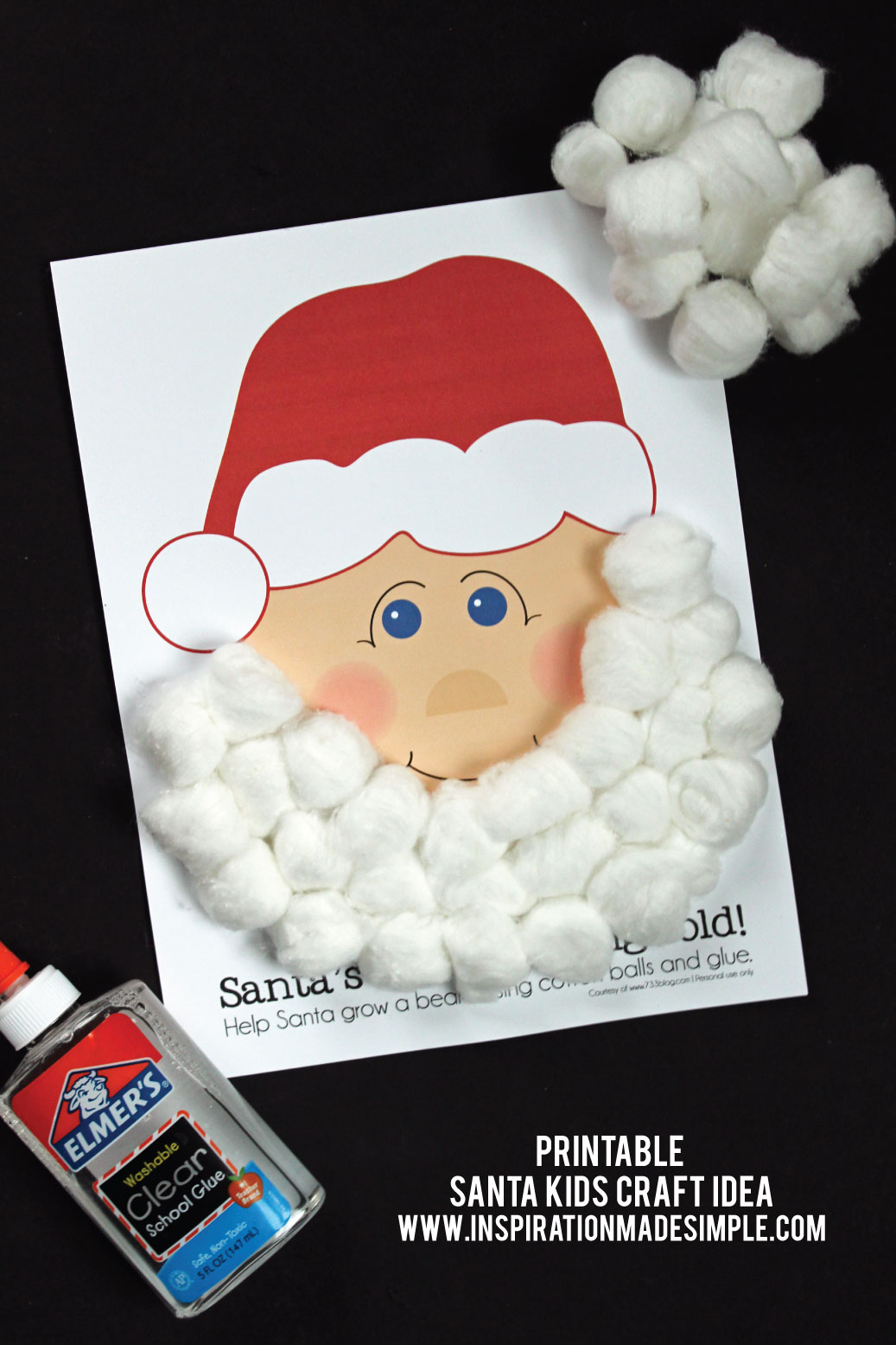 Santa needs a beard! Help him out by adding a fluffly cotton ball beard! Printable Christmas Kids Craft