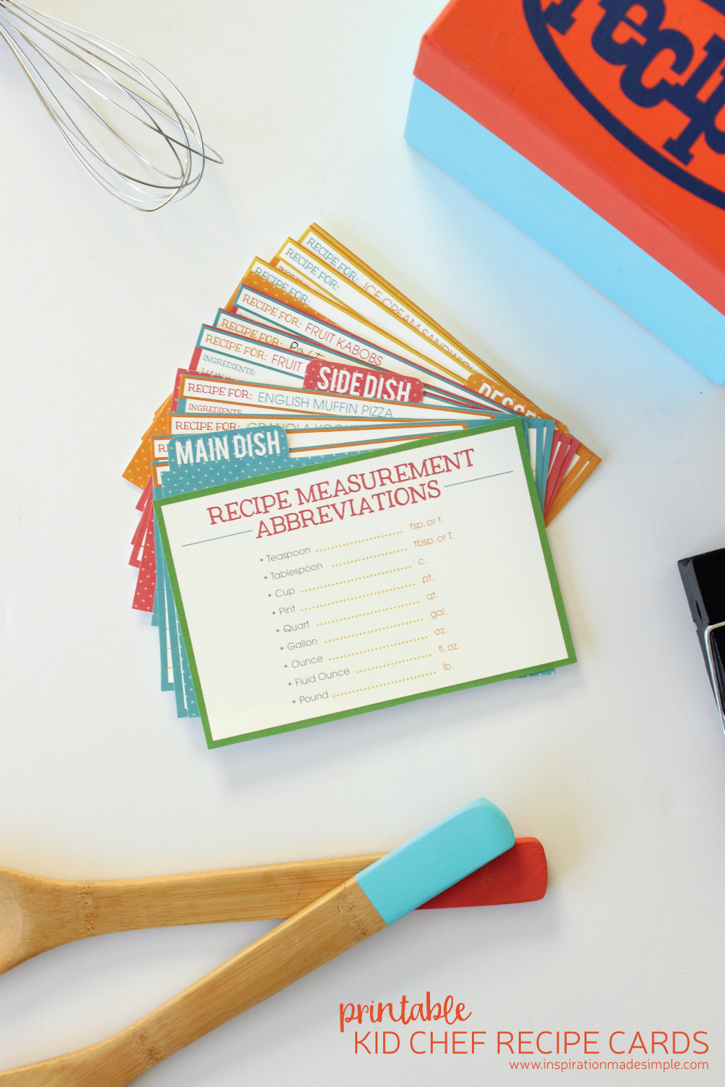 Printable recipe cards for kids including main dish, side dish, and dessert cards, category dividers and a measurement abbreviation cheat sheet