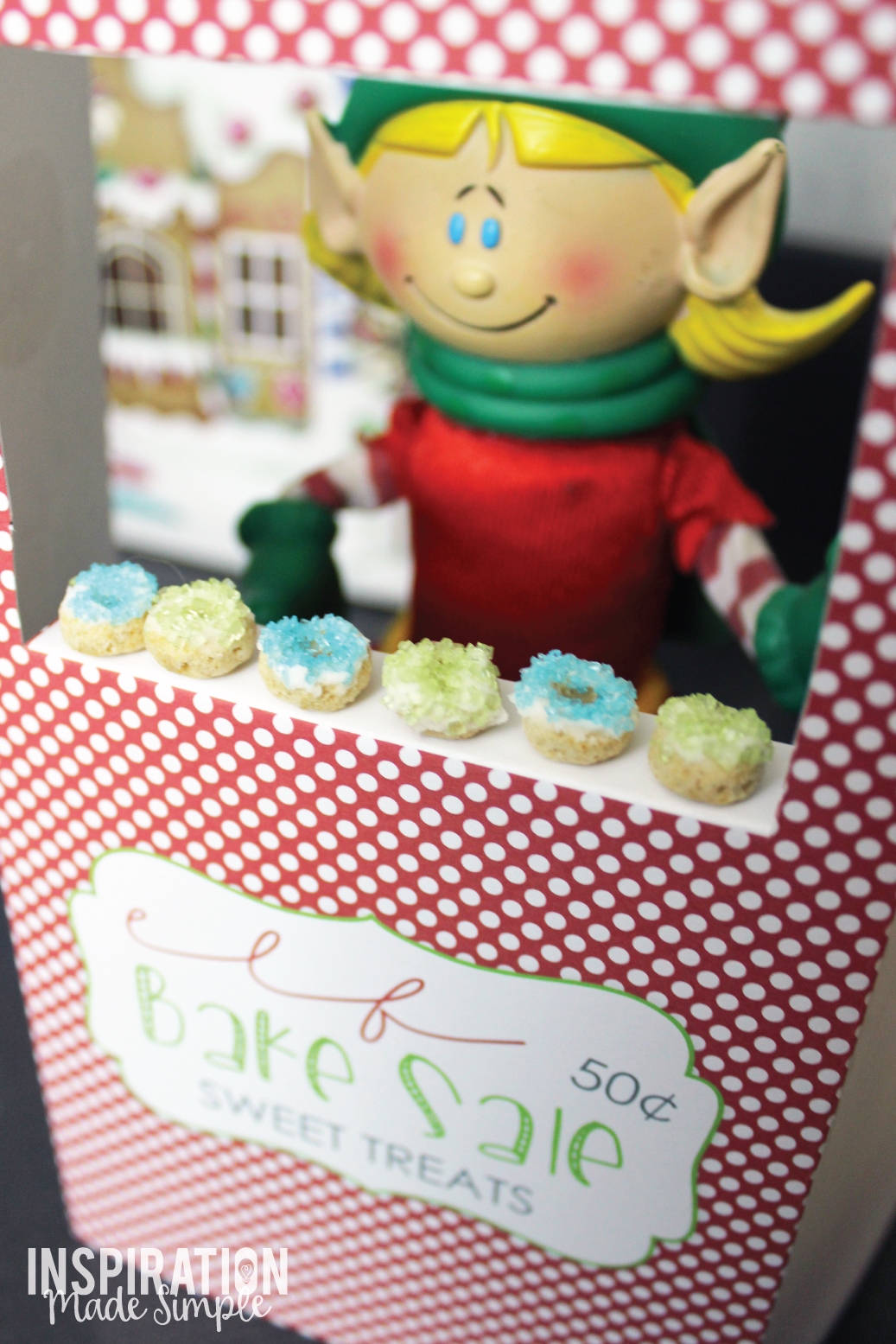 Free Printable Elf on the Shelf Bake Sale Stand - add some delicious "Cheerios" Donuts to complete the stand!