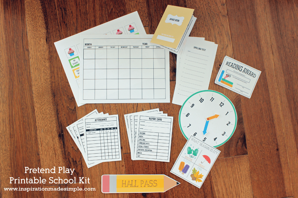 Pretend Play Printable school Kit includes grade books, report card, attendence, spelling sheets, calendar and more!