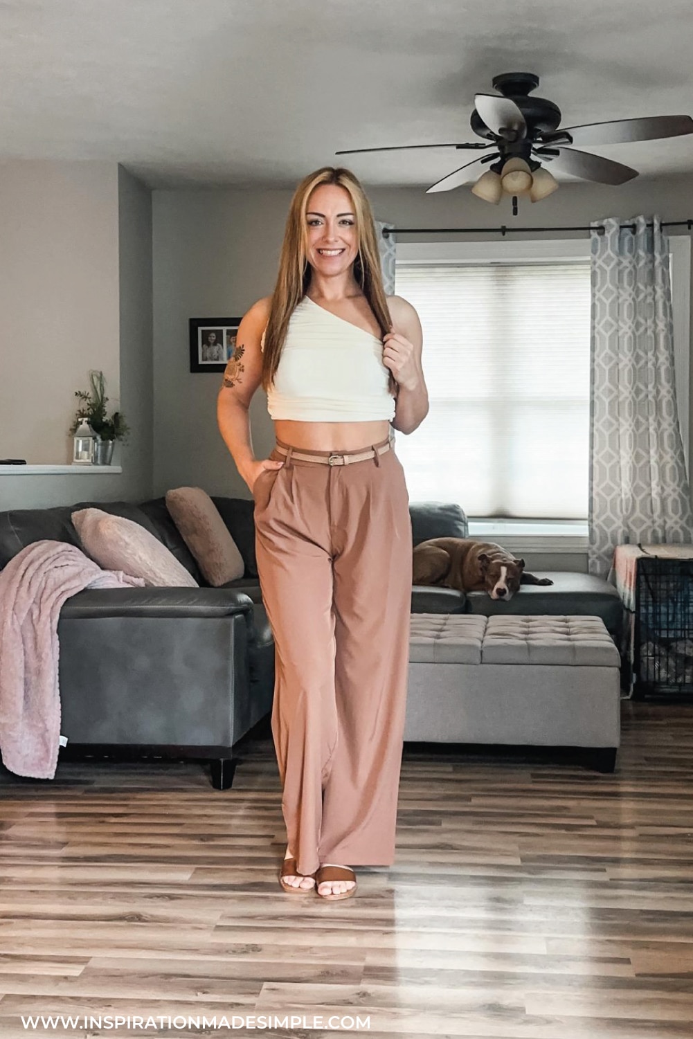 Crop; top with high-waist wide-leg trousers